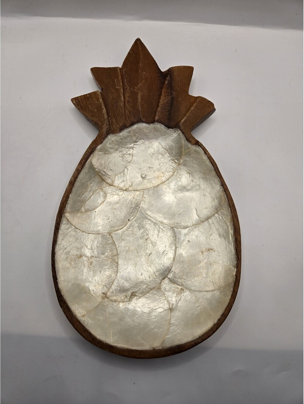 Vintage MCM Monkey Pod Pineapple Dish Capiz Shell Inlay Trinket Tray